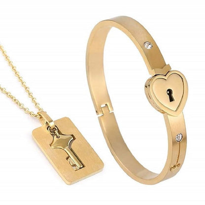 Couples Lock Bracelet and Key Necklace Set