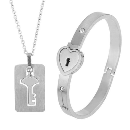 Couples Lock Bracelet and Key Necklace Set